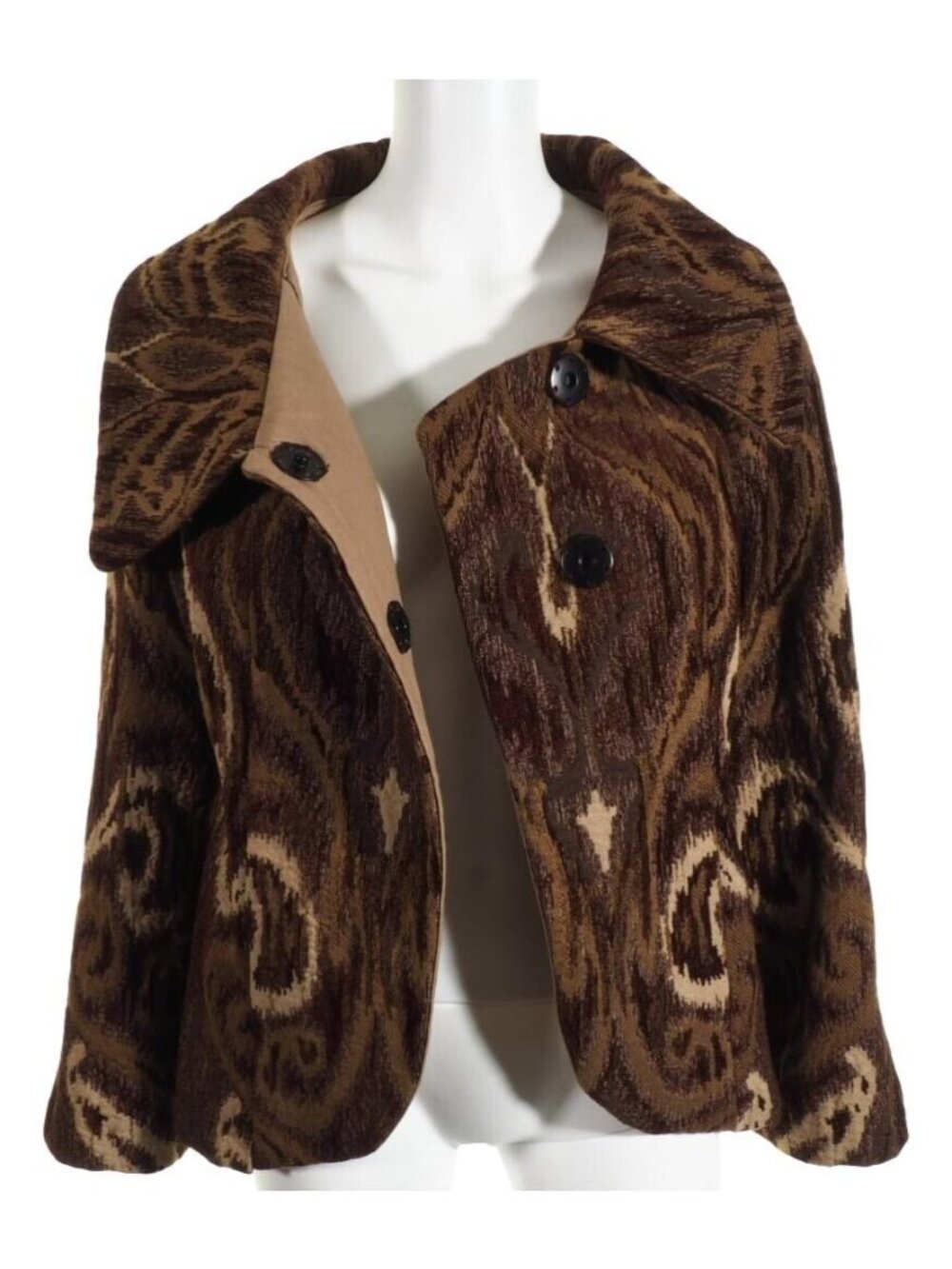 Brocade Womens Jacket S / M Lined Brown Tan Shawl Collar Hand Taylored - Picture 10 of 12